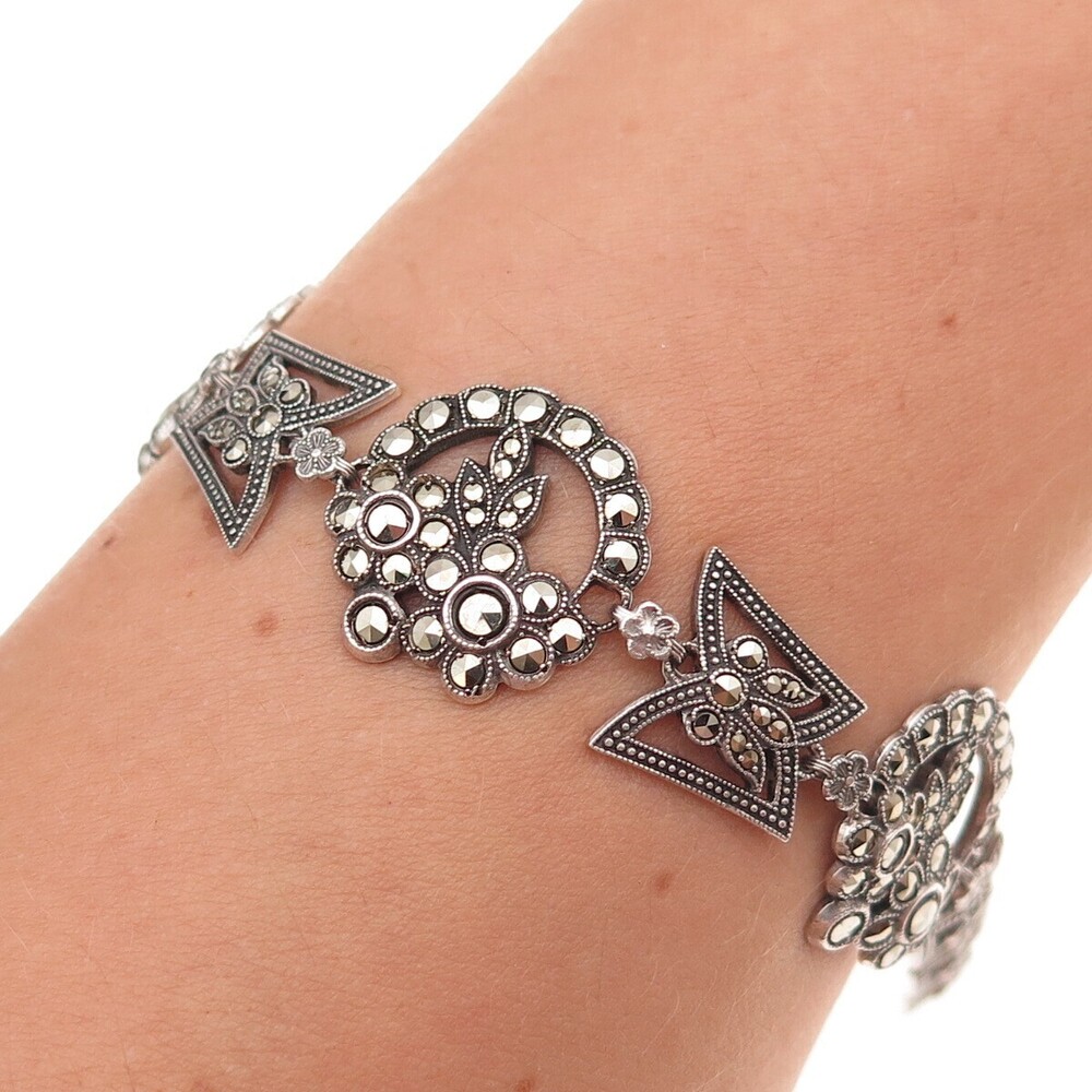 925 Sterling Silver Antique Art Deco Real Marcasite Floral Bracelet 7.25"